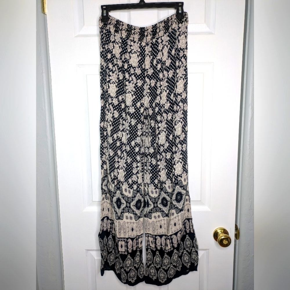 Rose And Paisley Wide Leg Rayon Pants In Navy And Off White Size Small